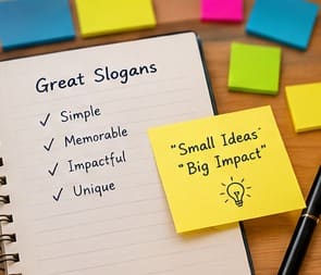 slogan generator: Notebook and pen beside a laptop