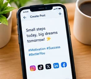 social media captions: Notebook and pen beside a laptop