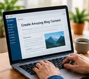 blog writing: Laptop and notes on a desk