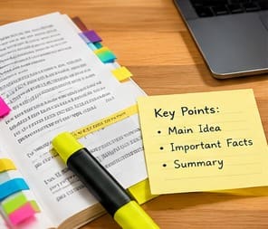 text summarizer: Papers and notebook on a desk
