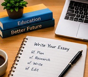 Notebook and pen beside a laptop
